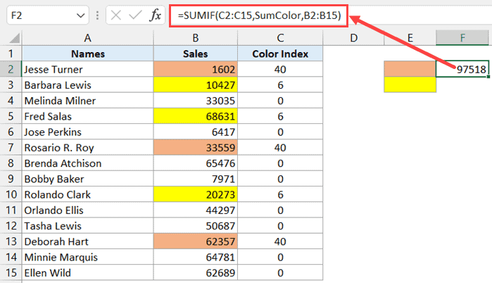 Fórmula para obtener la suma por color usando un rango con nombre