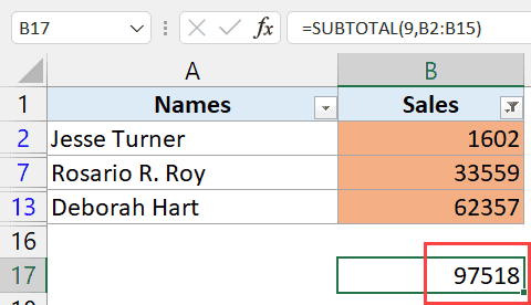 SUMA por valor de color en el resultado de la fórmula SUBTOTAL