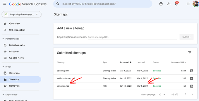 Google Search Console Mapa del sitio RSS Fecha de lectura