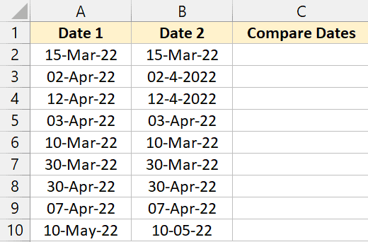 Compare Dates dataset Compara fechas en Excel (mayor/menor que, no coincide)
