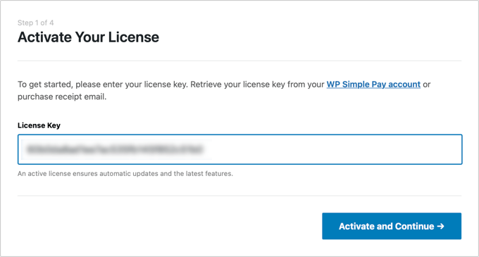 Agregue Klarna Payments a WordPress (2 formas fáciles) Se le pedirá que ingrese su clave de licencia de WP Simple Pay