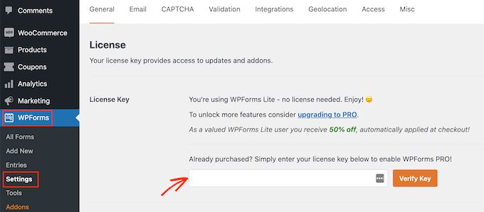 Ingrese su clave de licencia de WPForms Ingrese su clave de licencia de WPForms
