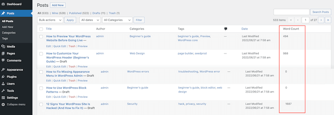 Agregue un conteo de palabras al tablero de WordPress Agregue un conteo de palabras al tablero de WordPress