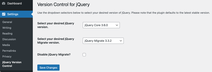 Elija la versión de jQuery que desea ejecutar