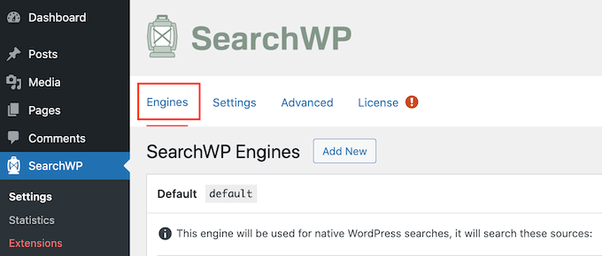 La pestaña Motores SearchWP