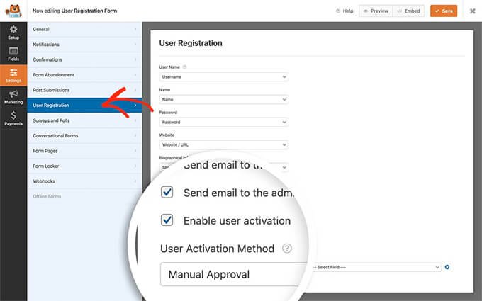 Cómo moderar los registros de nuevos usuarios en WordPress Habilite la aprobación del administrador para el registro de usuarios en WPForms