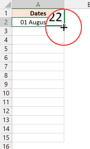 Icono más cuando el cursor se coloca en la parte inferior derecha de la selección de celda