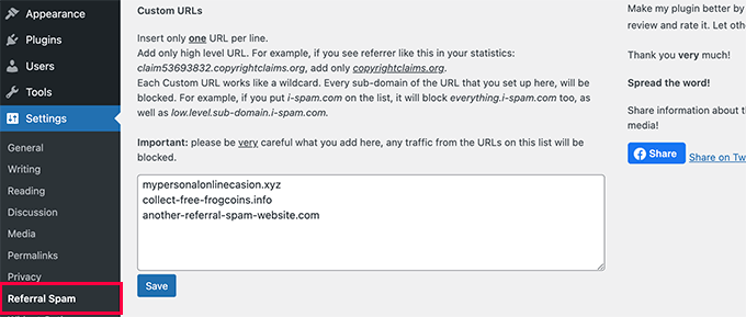 Configuración del complemento de spam de referencia de bloqueo