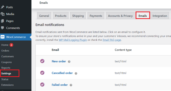 Personalice los correos electrónicos de WooCommerce (2 formas fáciles) Ir a la configuración de correo electrónico en WooCommerce