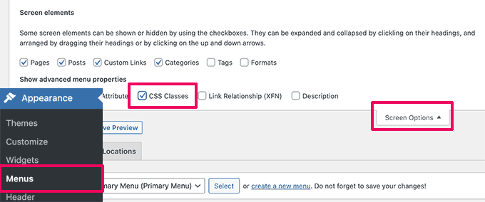 Hoja de referencia CSS básica generada por WordPress para principiantes Menú de clases de CSS
