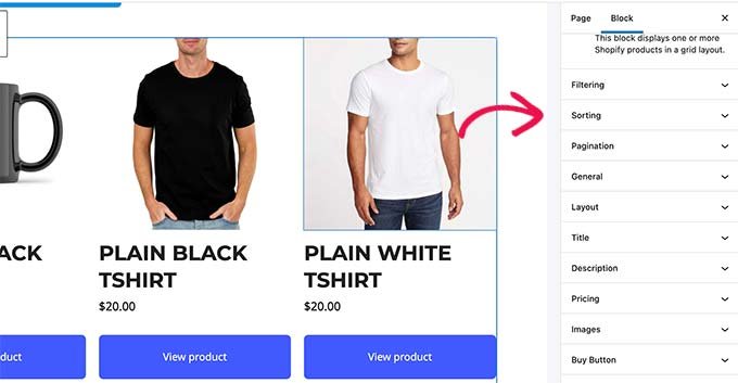 Configuración del bloque de productos