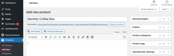 Creación de un servicio de caja de suscripción en WordPress Agregar un nuevo producto de WooCommerce
