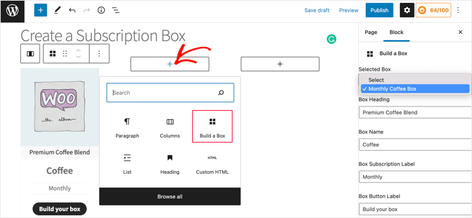 Creación de un servicio de caja de suscripción en WordPress Agregue un bloque 'Construir una caja' a su página