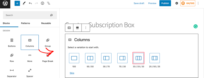 Creación de un servicio de caja de suscripción en WordPress Agrega columnas a tu página