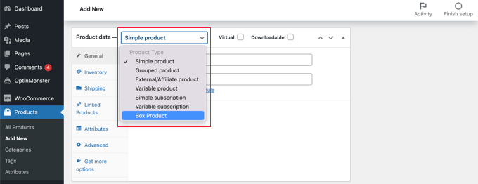 Creación de un servicio de caja de suscripción en WordPress Seleccione 'Producto de caja' de la lista desplegable Detalles del producto