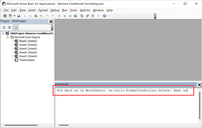 Copie y pegue el código vba de una línea en la ventana directa