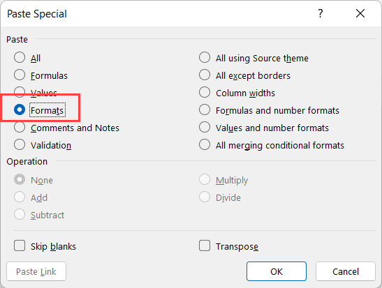 En el cuadro de diálogo Pegado especial, seleccione Formatos