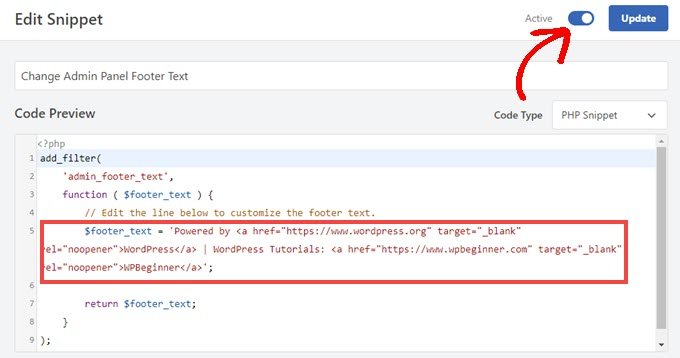 Fragmento de edición de WPCode para cambiar el pie de página Fragmento de edición de WPCode para cambiar el pie de página