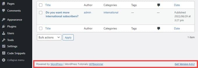 El pie de página del panel de administración de muestra para el fragmento de WPCode El pie de página del panel de administración de muestra para el fragmento de WPCode