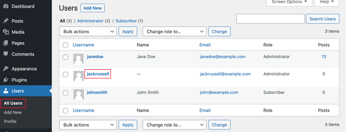 Agregue un administrador a la base de datos de WordPress a través de MySQL Vaya a Usuarios » Todos los usuarios y edite el nuevo usuario