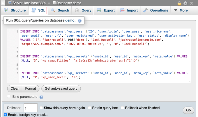 Agregue un administrador a la base de datos de WordPress a través de MySQL Ponga esta consulta SQL en su base de datos