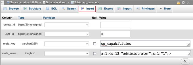 Agregue un administrador a la base de datos de WordPress a través de MySQL Rellene los campos para el nuevo usuario