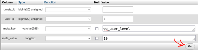 Agregue un administrador a la base de datos de WordPress a través de MySQL Rellene los campos para el nuevo usuario
