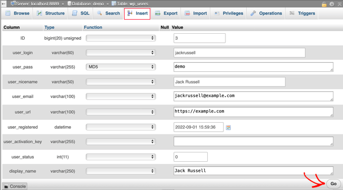 Agregue un administrador a la base de datos de WordPress a través de MySQL Rellene los campos para el nuevo usuario