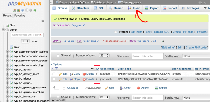 Agregue un administrador a la base de datos de WordPress a través de MySQL Haga clic en la pestaña Insertar