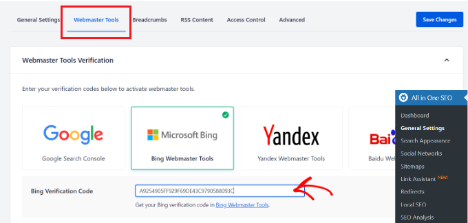 Cómo agregar su sitio web a Bing Webmaster Tools Ingrese el código de verificación de Bing AIOSEO
