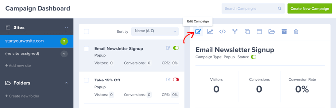 Cómo deshabilitar las fuentes de Google en su sitio web de WordPress El panel de la campaña de OptinMonster