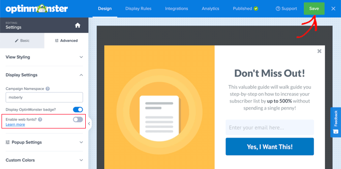 Cómo deshabilitar las fuentes de Google en su sitio web de WordPress Desmarque la opción Habilitar fuentes web