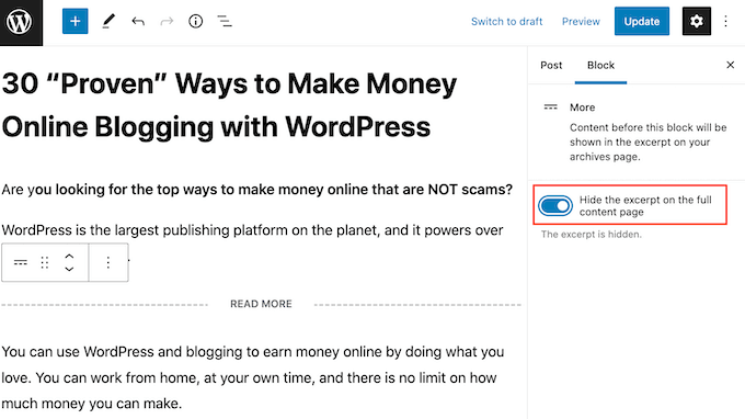 Ocultar el contenido del bloque Más de WordPress