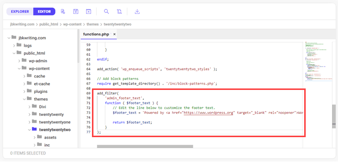 cómo-cambiar-el-editor-del-administrador-de-archivos-de-wordpress-admin-footer-ftp-file-manager-editor El código después de pegarlo en functions.php