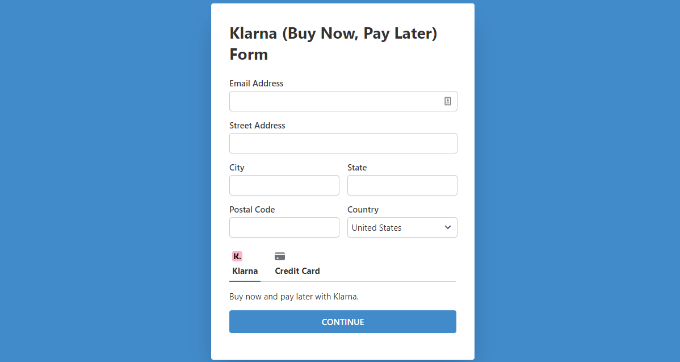 Agregue Klarna Payments a WordPress (2 formas fáciles) Vista previa de la página especial del formulario de pago de Klarna