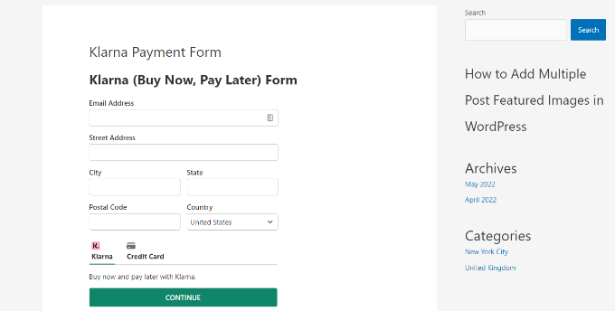 Agregue Klarna Payments a WordPress (2 formas fáciles) Ejemplo de formulario de pago de Klarna