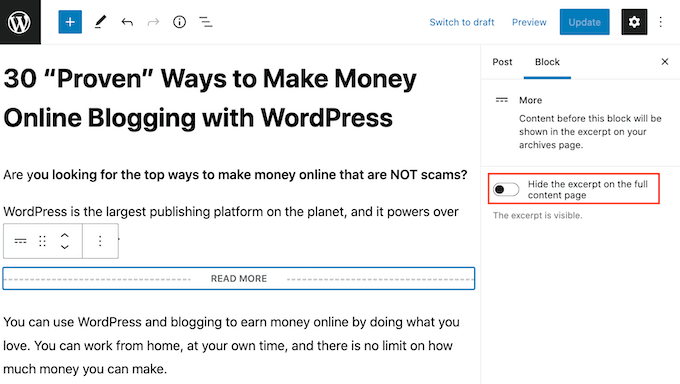 Personaliza el bloque Más de WordPress