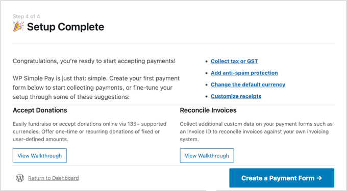Agregue Klarna Payments a WordPress (2 formas fáciles) La configuración de WP Simple Pay está completa