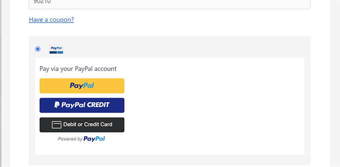 Vista previa de PayPal Commerce en MemberPress