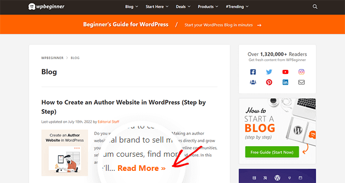Un archivo de blog de WordPress con botones Leer más