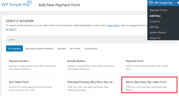 Agregue Klarna Payments a WordPress (2 formas fáciles) Seleccione la plantilla de formulario de Klarna