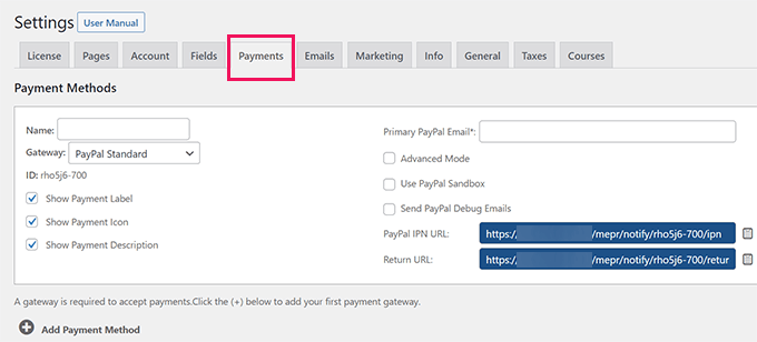 Agregar estándar de PayPal