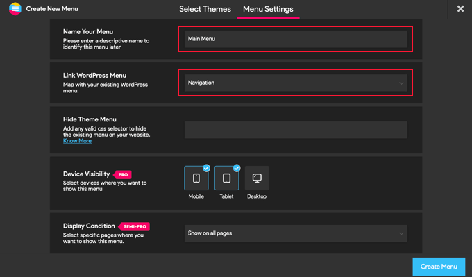 Agregar un menú de panel deslizante en temas de WordPress Asigne un nombre al menú y asócielo con el menú de WordPress que desea usar