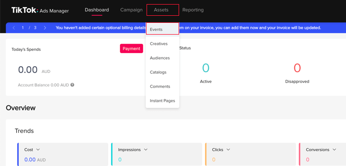 Cómo configurar correctamente el píxel de anuncios de TikTok en WordPress Navegue a Activos » Eventos en TikTok Ads Manager