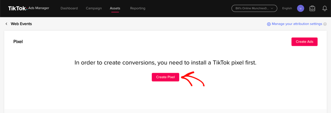 Cómo configurar correctamente el píxel de anuncios de TikTok en WordPress Haga clic en el botón Crear píxel