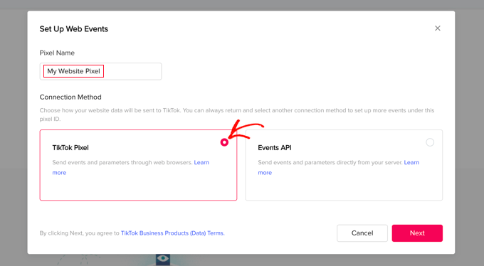 Cómo configurar correctamente el píxel de anuncios de TikTok en WordPress Asigne un nombre al píxel y luego seleccione la opción TikTok Pixel