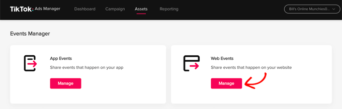 Cómo configurar correctamente el píxel de anuncios de TikTok en WordPress Haga clic en el botón Administrar en Eventos web