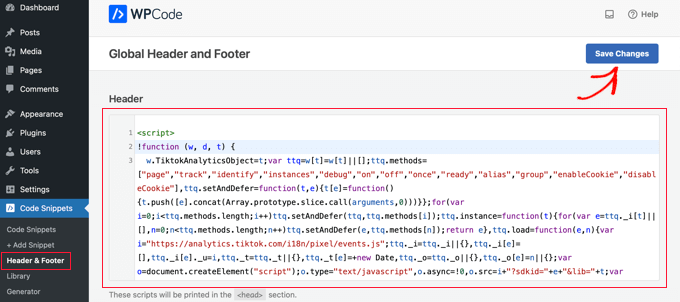 Cómo configurar correctamente el píxel de anuncios de TikTok en WordPress Use el complemento WPCode para agregar fácilmente el código de píxeles a su sitio web
