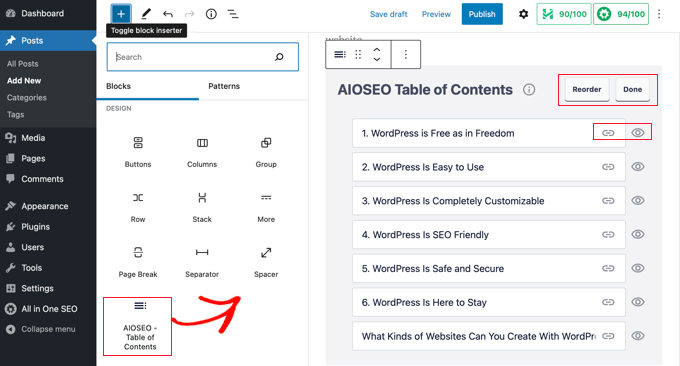 Cómo crear una tabla de contenido en publicaciones y páginas de WordPress Agregue un bloque de tabla de contenido AIOSEO a la publicación o página