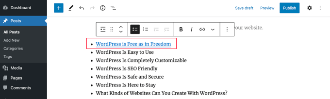 Cómo crear una tabla de contenido en publicaciones y páginas de WordPress Se ha agregado un enlace de anclaje a la tabla de contenido.